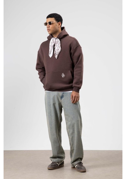 Oversize Fular Detaylı Kapüşonlu Sweatshirt Kahve fırsatları