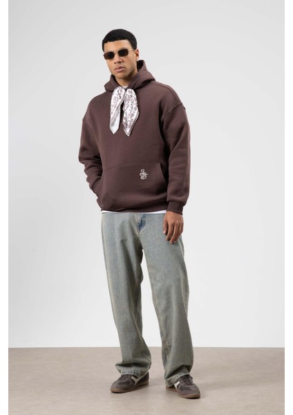 Oversize Fular Detaylı Kapüşonlu Sweatshirt Kahve indirimleri