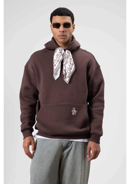 Oversize Fular Detaylı Kapüşonlu Sweatshirt Kahve