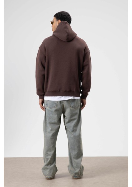 Oversize Fular Detaylı Kapüşonlu Sweatshirt Kahve