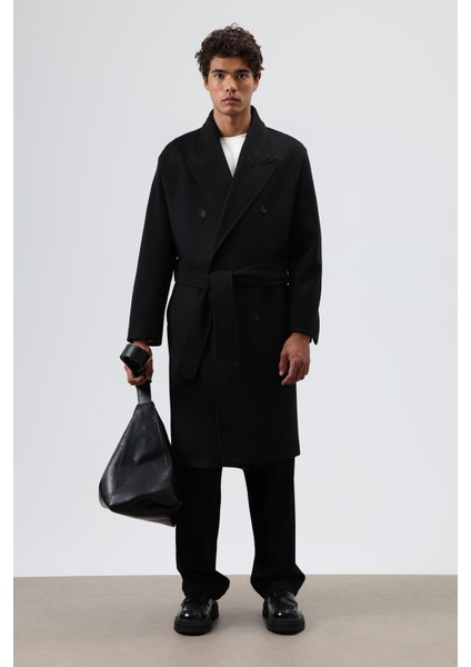 Oversize Kruvaze Kaşe Kaban Siyah