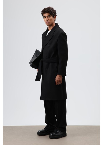 Oversize Kruvaze Kaşe Kaban Siyah modelleri