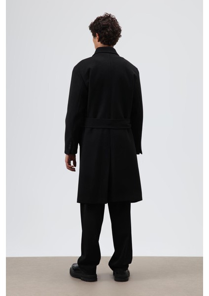 Oversize Kruvaze Kaşe Kaban Siyah