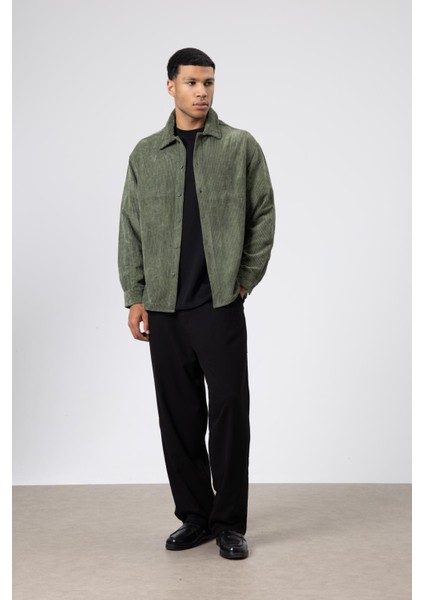 Oversize Dokulu Gömlek Haki