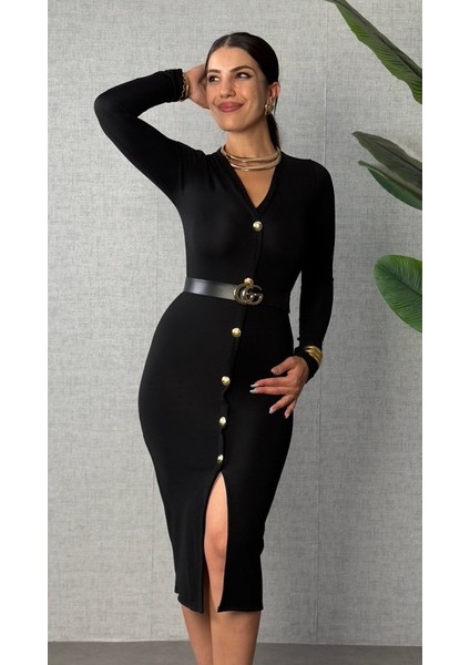 Kadın Uzun Kollu V Yakalı Önden Düğmeli Yırtmaçlı Modal Midi Kemersiz Elbise modelleri