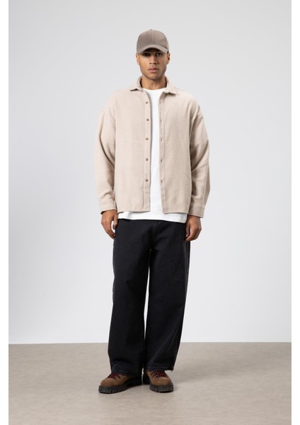 Dokulu Oversize Gömlek Ceket Bej