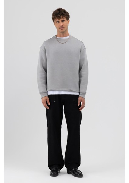 Basic Bisiklet Yaka Oversize Sweatshirt Gri