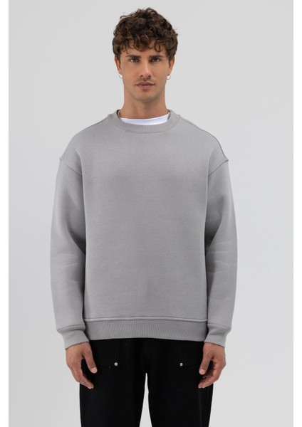 Basic Bisiklet Yaka Oversize Sweatshirt Gri modelleri