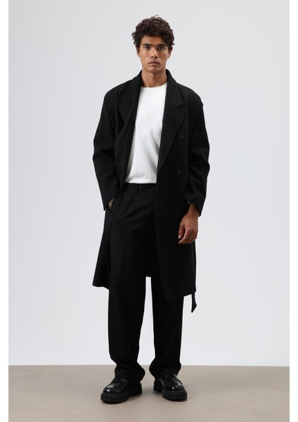 Oversize Kruvaze Kaşe Kaban Siyah