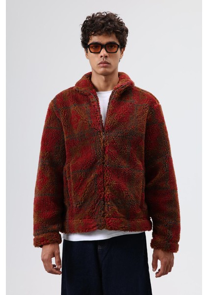 Oversize Peluş Mont Bordo