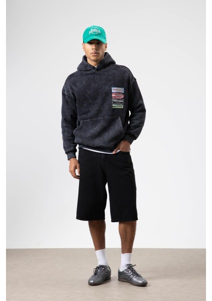 Oversize Yıkamalı Baskılı Kapüşonlu Sweatshirt Siyah