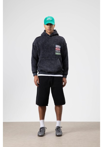 Oversize Yıkamalı Baskılı Kapüşonlu Sweatshirt Siyah modelleri