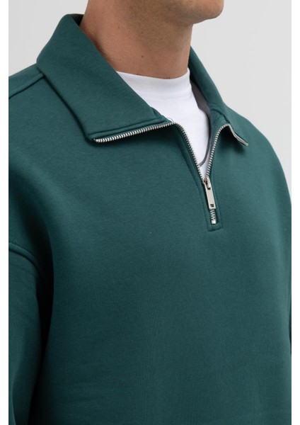 Oversize Fermuarlı Dik Yaka Sweatshirt Nefti fırsatları