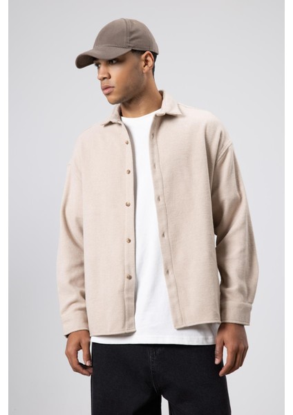 Dokulu Oversize Gömlek Ceket Bej fiyatları