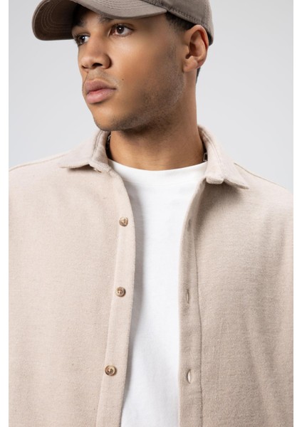 Dokulu Oversize Gömlek Ceket Bej modelleri