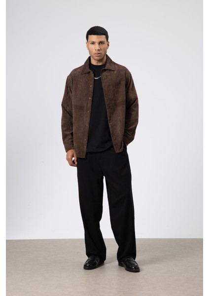 Oversize Dokulu Gömlek Kahve