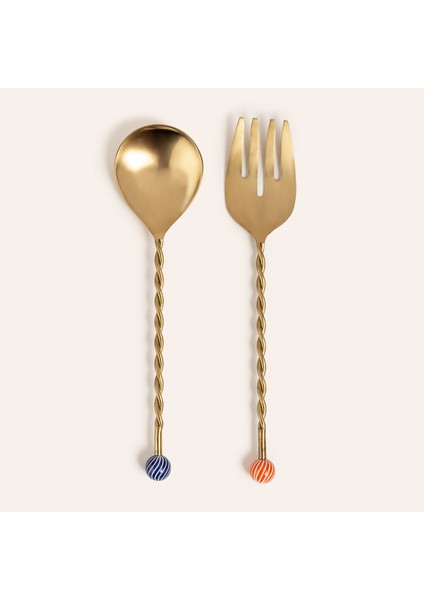 Rampur Çelik - Pirinç Salata Kaşık Seti 7X28X2 cm Mavi-Turuncu