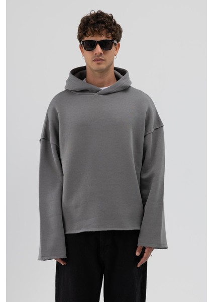 Basic Oversize Dikişsiz Kapüşonlu Sweatshirt Füme