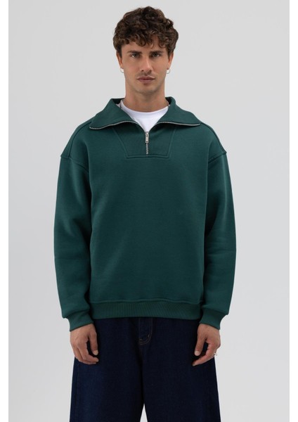 Basic Fermuarlı Dik Yaka Sweatshirt Nefti