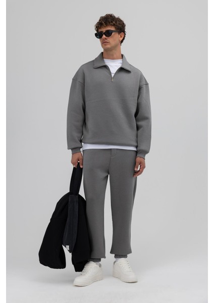 Oversize Fermuarlı Dik Yaka Sweatshirt Füme