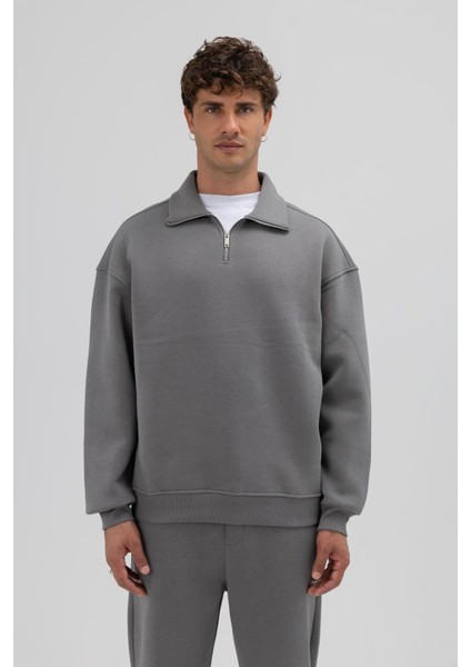 Oversize Fermuarlı Dik Yaka Sweatshirt Füme modelleri