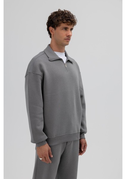 Oversize Fermuarlı Dik Yaka Sweatshirt Füme fırsatları