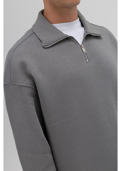 Oversize Fermuarlı Dik Yaka Sweatshirt Füme indirimleri