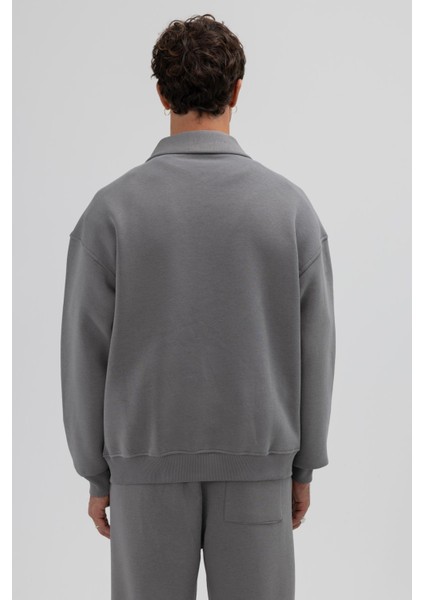 Oversize Fermuarlı Dik Yaka Sweatshirt Füme