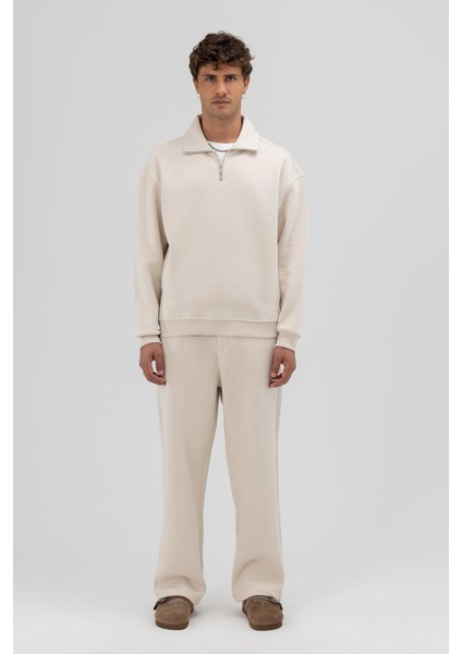 Oversize Fermuarlı Dik Yaka Sweatshirt Taş