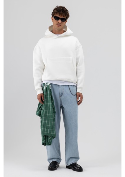 Basic Kapüşonlu Boxy Fit Sweatshirt Ekru