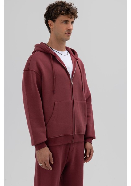 Basic Fermuarlı Oversize Kapüşonlu Sweatshirt Bordo modelleri