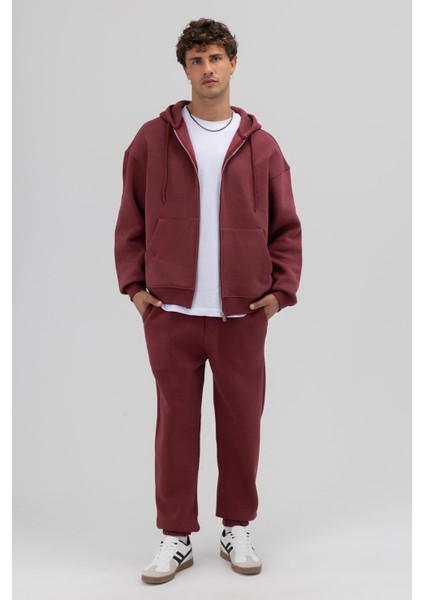 Basic Fermuarlı Oversize Kapüşonlu Sweatshirt Bordo