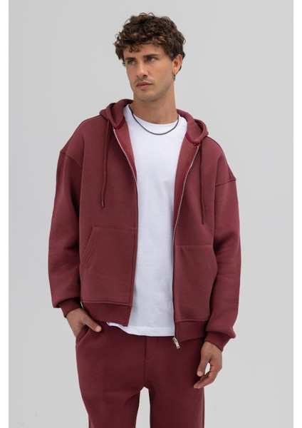 Basic Fermuarlı Oversize Kapüşonlu Sweatshirt Bordo