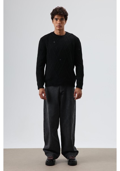 Oversize Desenli Triko Kazak Siyah