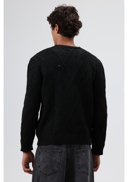 Oversize Desenli Triko Kazak Siyah