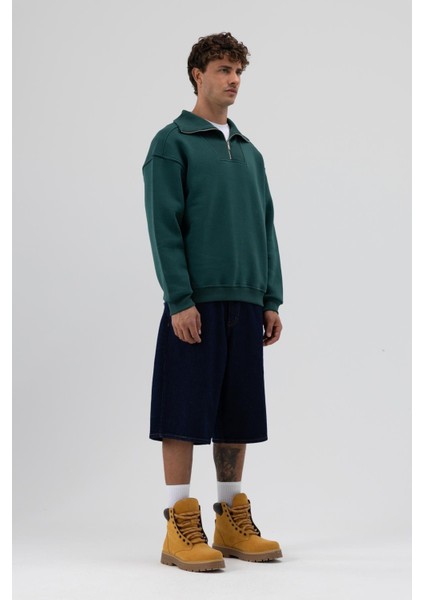 Basic Fermuarlı Dik Yaka Sweatshirt Nefti