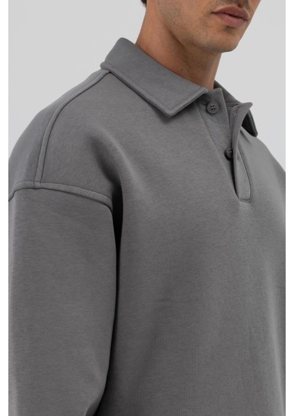 Basic Polo Yaka Sweatshirt Füme indirimleri