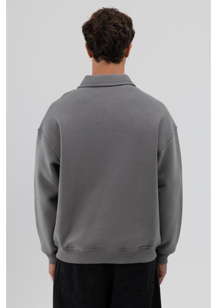 Basic Polo Yaka Sweatshirt Füme