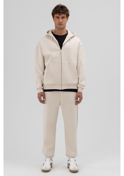 Basic Fermuarlı Oversize Kapüşonlu Sweatshirt Taş