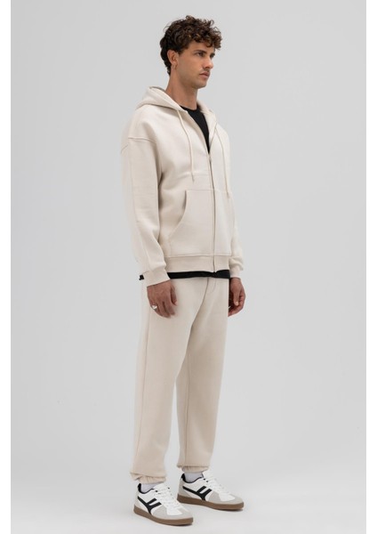 Basic Fermuarlı Oversize Kapüşonlu Sweatshirt Taş modelleri