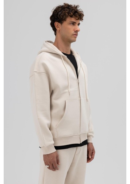 Basic Fermuarlı Oversize Kapüşonlu Sweatshirt Taş fırsatları