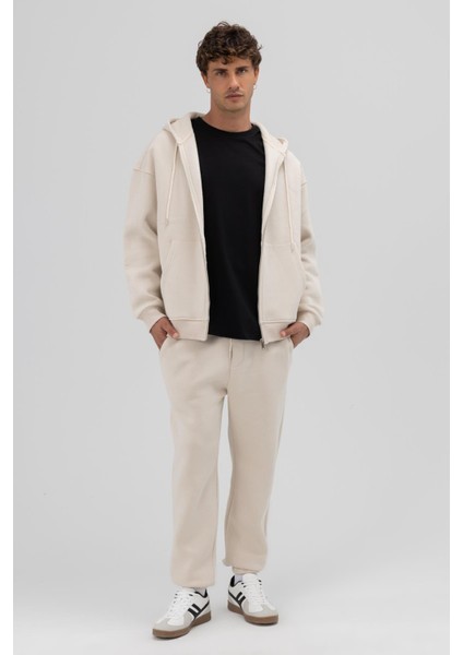 Basic Fermuarlı Oversize Kapüşonlu Sweatshirt Taş