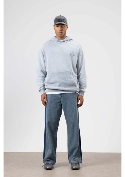 Oversize Yıkamalı Baskılı Kapüşonlu Sweatshirt Gri