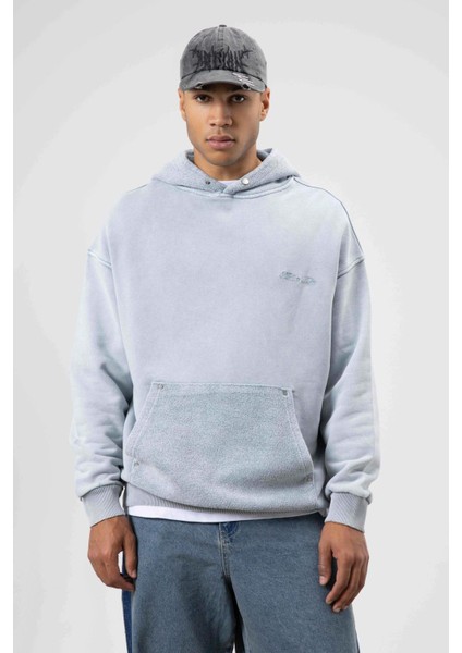 Oversize Yıkamalı Baskılı Kapüşonlu Sweatshirt Gri fırsatları