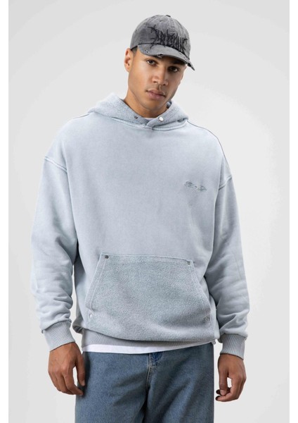 Oversize Yıkamalı Baskılı Kapüşonlu Sweatshirt Gri indirimleri