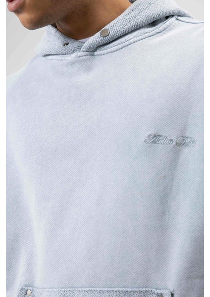 Oversize Yıkamalı Baskılı Kapüşonlu Sweatshirt Gri