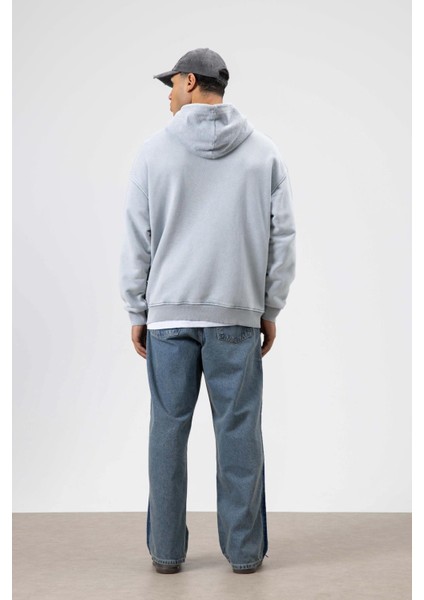 Oversize Yıkamalı Baskılı Kapüşonlu Sweatshirt Gri