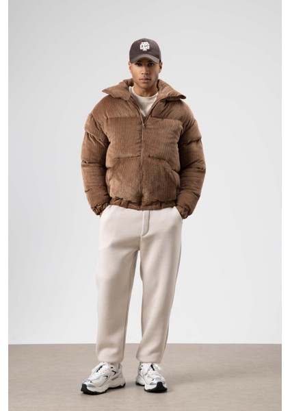 Oversize Kadife Şişme Mont Taba