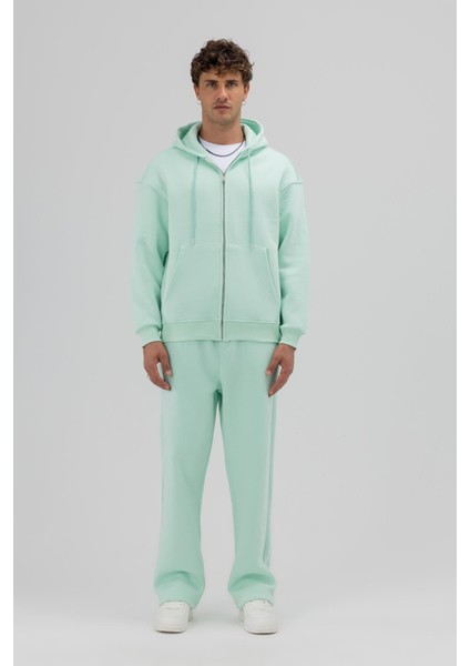 Basic Fermuarlı Oversize Kapüşonlu Sweatshirt Mint