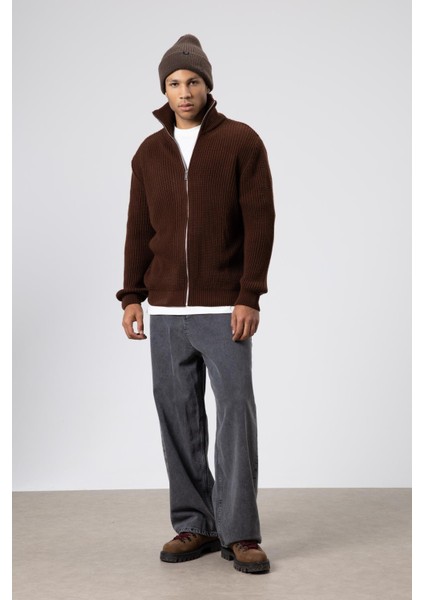 Oversize Fermuarlı Triko Hırka Kahve